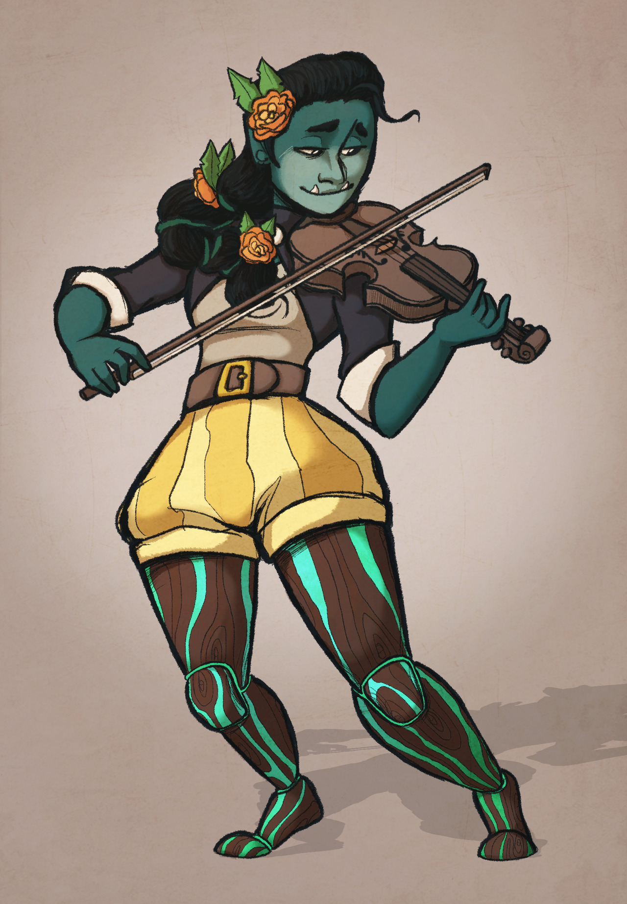 A character prompt for a friendly half-orc bard with prosthetic limbs.