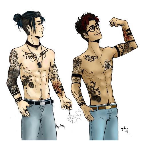 sorenphelps:Tattooed AU. Finally finished! This pic was inspired by prongsvssquid’s pic, and here’