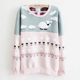 pinkune:Casual Sheep Printed Long Sleeve Cotton Sweatshirt