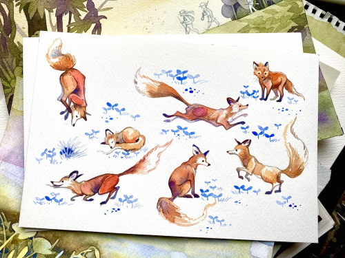 Finished painting I started years ago and a little fox study in liquid watercolor.