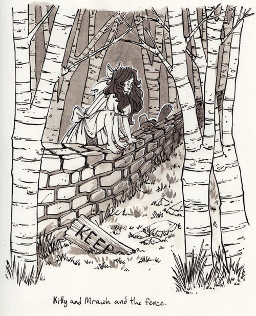 Inktober Day 7 - Kitty and Mrawh and the fenceClearly I saw fence and draw a rock wall but it is clo