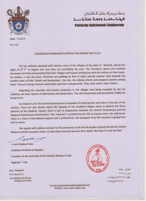 Appeal from the Chaldean Catholic Patriarchate in Baghdad