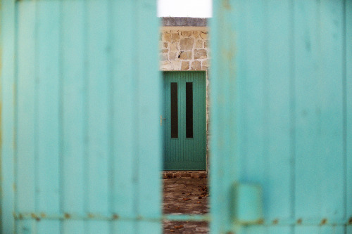 Light teal doors. 