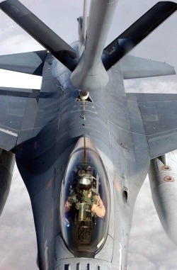 F-16 Fighting Falcon: OPERATION ENDURING FREEDOM -                     pilot from the Netherlands prepares his aircraft to take on fuel during an air refueling mission with a KC-135 Stratotanker. Aboard the tanker was an all-female crew from the 376th