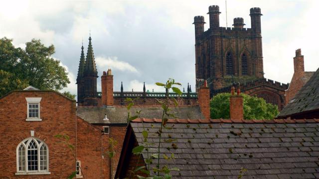 Towers Above the Rooftops. Chester Cathedral and York Minster, England.