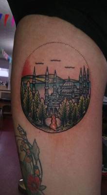 fuckyeahtattoos: The Blue Mosque in Istanbul with a stray cat! I love, love, LOVE my Istanbul scenery! Thanks to Just Jen, done at Salon Serpent in Amsterdam.   Oh it&rsquo;s absolutely beautiful 