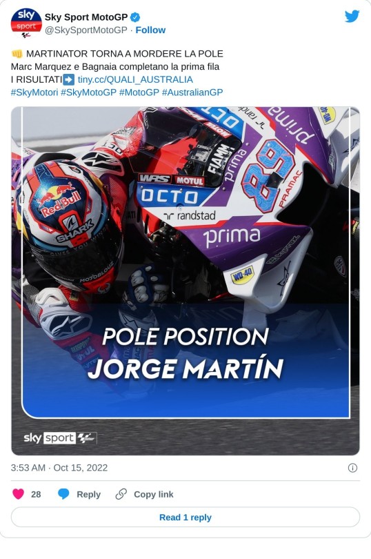 👊 MARTINATOR TORNA A MORDERE LA POLE Marc Marquez e Bagnaia completano la prima fila I RISULTATI➡ https://t.co/qwXDeMu3Lm#SkyMotori #SkyMotoGP #MotoGP #AustralianGP pic.twitter.com/PiMmYvdBGx  — Sky Sport MotoGP (@SkySportMotoGP) October 15, 2022