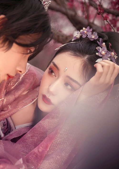 ziseviolet:A traditional Chinese Hanfu photo-story depicting an encounter amid peach blossoms, via 莲