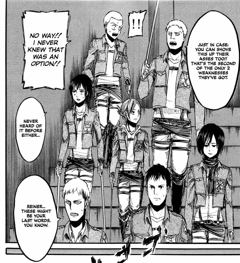 mikasa-ackerman-shrine:  And a brilliant suggestion from Reiner. 