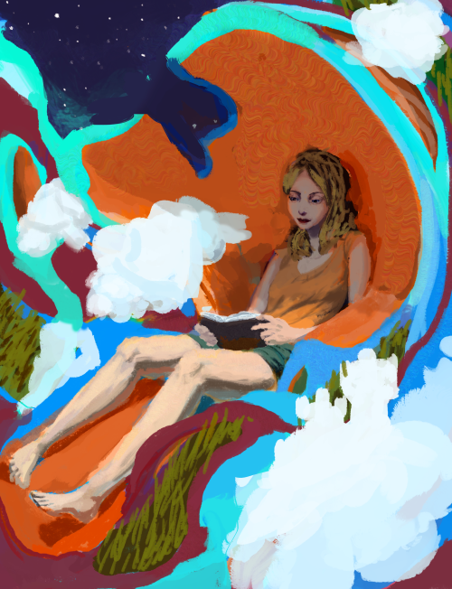 fakingme:  I think this is as good as I will get it. The idea behind this painting was to give the viewer (you) a feeling of relaxation. It was meant to make you have the strong desire to find a place to relax and read a good book, one that spurred the