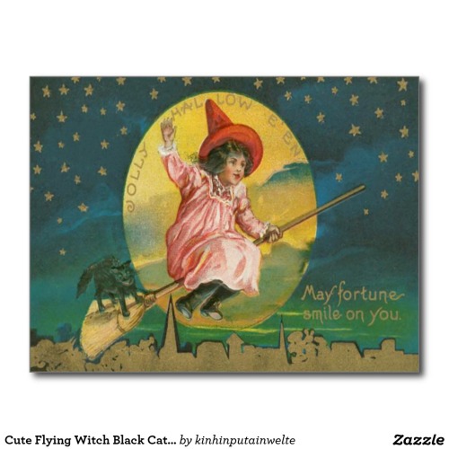 Cute Flying Witch Black Cat Full Moon Postcard - $1.10 Made by Zazzle Paper The full moon is out and