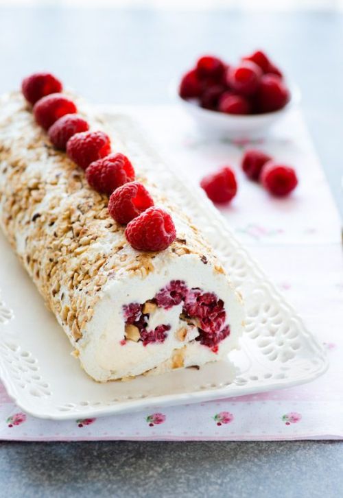 Meringue roulade with raspberries  Follow for more recipes  Ingredients:For meringue roulade180g (6.