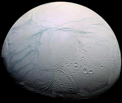hella-space:  Saturn’s moon Enceladus.  (photo courtesy of Cassini Imaging Team, SSI, JPL, ESA, NASA) 