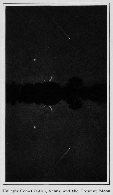 chaosophia218:Halley’s Comet, Venus and the Crescent Moon reflected in Water, 1910.