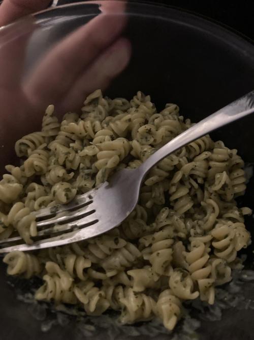 Homemade pesto sauce on rotini. . more on https://www.reddit.com/r/food/comments/qjhi8q/homemade_pes