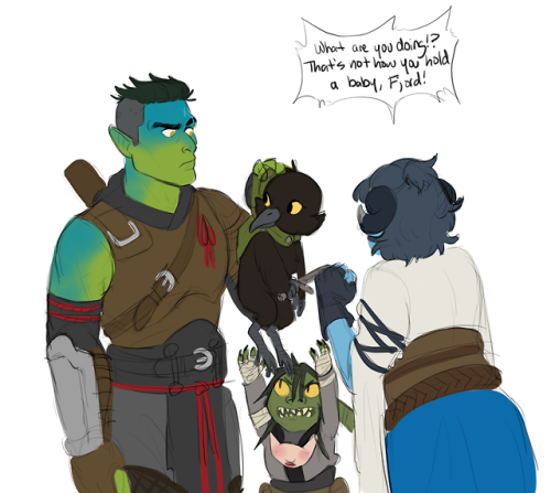pfaerie:i met kiiiiiiiiriiiii[image description: a drawing of Fjord, Kiri, Nott and Jester in front 
