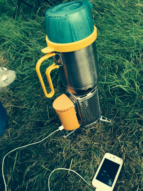 This piece of space-aged gadgetry is a biolite stove, I bought it for a festival where gas was a no no and it worked so well. It burns wood, makes a camping brew and charges your phone. You can also get a grill attachment for a cheeky BBQ which works...