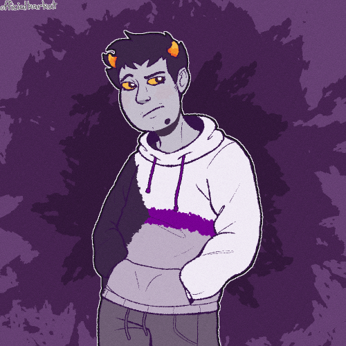 [Image ID: A drawing of Karkat Vantas standing, wearing a hoodie and sweatpants with his hands in th