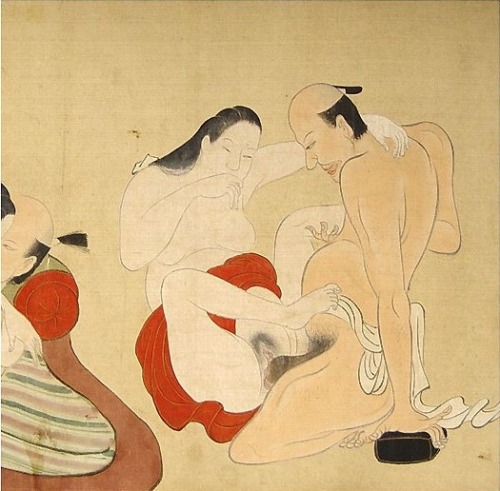 noinu-origin:  shungagallerycom:   Click HERE for MORE and LARGER pictures! Extremely rare antique Japanese Makimono, Anonymous. Shunga (Spring picture). Date: c.1700-’ 20.  Size: 34" x 11 ¼" inches. Three erotic water-colors on silk. Very