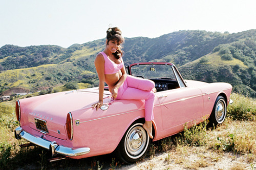 vintagegal:  Every year since 1964 Playboy has given a car (or another form of transport) to its Playmate of the Year.  For a little over a decade the cars were always pink. Donna Michelle in 1964: Ford MustangJo Collins in 1965: Sunbeam TigerAllison