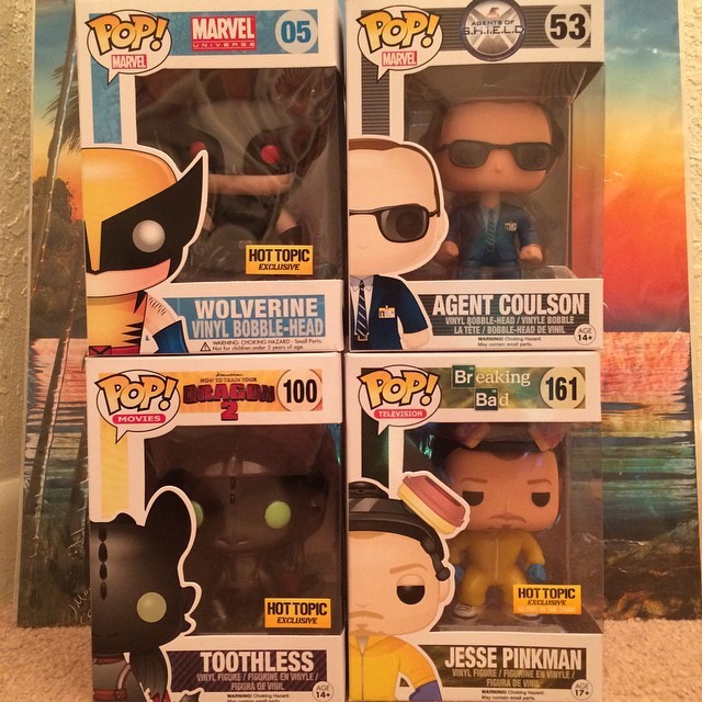 A really nice visit to Hot Topic today, buy one get half off another!! 3 exclusives and one hard-to-find. #rockfile #originalfunkopop #hottopic #funko #wolverine #agentcoulson #toothless #jessepinkman #marvel #httyd2 #breakingbad