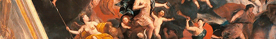 Gif de uma cena do filme Orgulho e Preconceito. Gif de uma pintura a óleo no teto de uma mansão