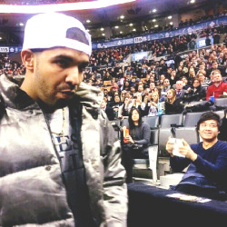 :  Drake at tonight’s Raptors game in Toronto. 