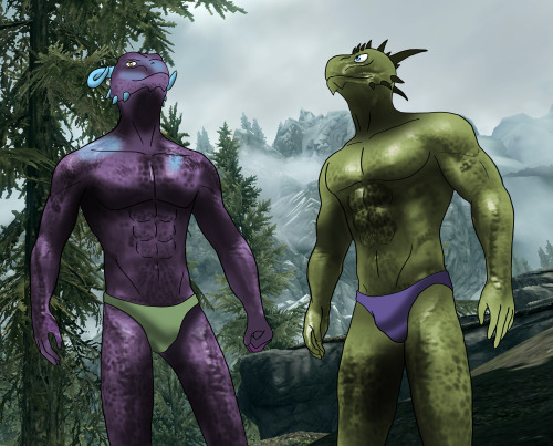 You’ve been enjoying yourself in these hotsprings you’ve found. But as you emerge from a dive, you see two other argonians you recognize from the mines nearby, their muscular bodies glisten with sweat as they stand about in swimming gear, obviously