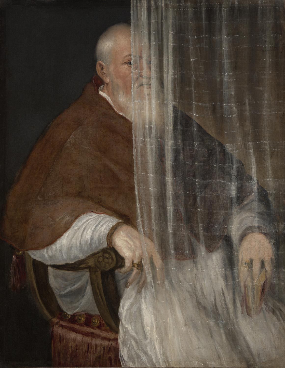 philamuseum:  The Archbishop’s cloak, or mozzetta, today appears red, but Titian