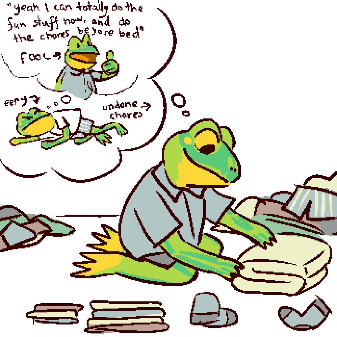 A drawing of the same frog, thinking about the above image while folding a big pile of laundry