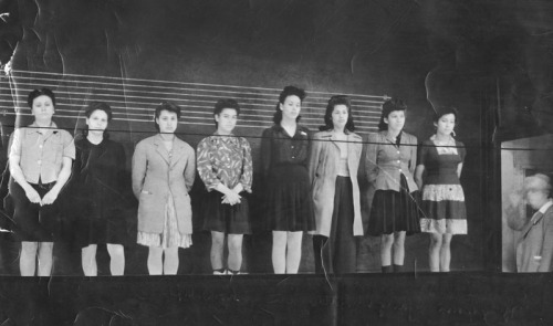nemfrog:  Mexican-American women in a police lineup as Zoot Suit Riots in Los Angeles continue. 1942.
