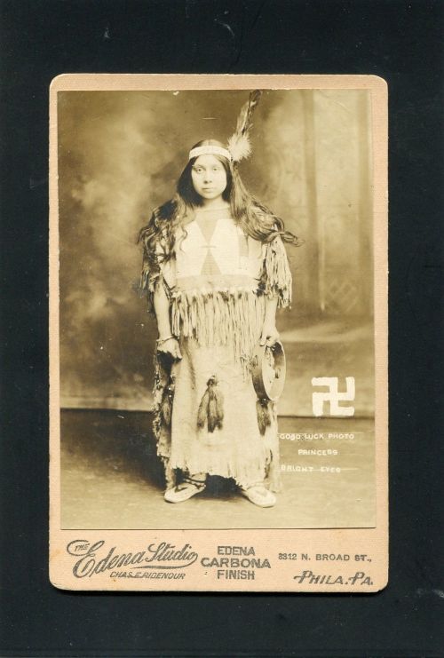 Princess Bright Eyes photographed by Chas. Ridenour of Philadelphia, PA. mounted on a cabinet card. 