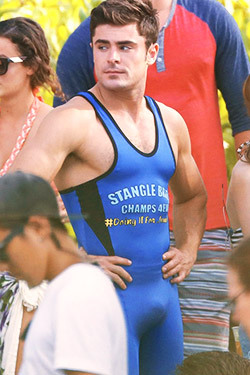 famousmeat:  Zac Efron bulges in a wrestling singlet for “Mike and Dave Need Wedding Dates”