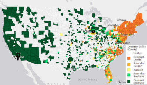 moscowdiscow: mapsontheweb: Map of the U.S. showing which chain of coffee shops are dominate. east c