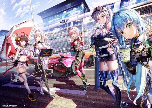 promo image of new anime highspeed etoile showing 5 girls on a race track, the middle girl is a pink haired anime girl in a pink and black racing suit standing with her butt and legs faced away from the viewer and her torso turned towards in a boobs and butt pose