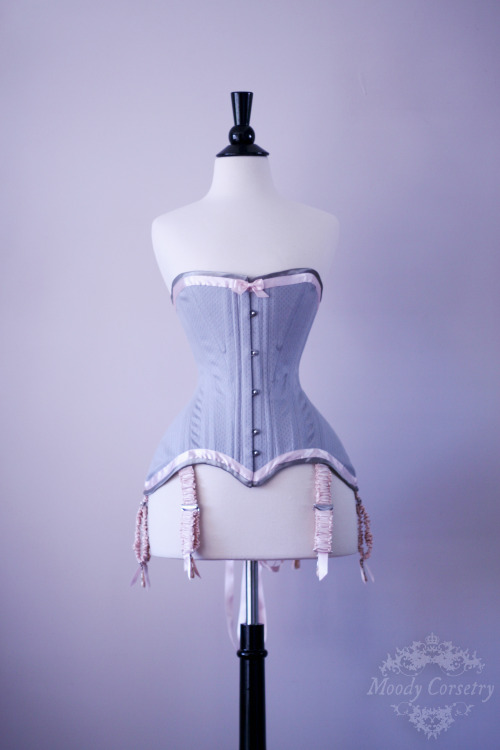 moodycorsetry:  Pink and Grey Edwardian inspired corset with detachable silk suspenders. Commissione