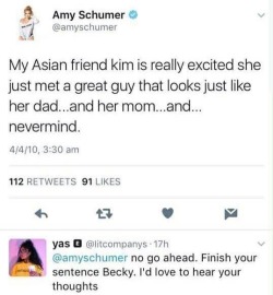 petraramos-bisexualdisaster:  cardhusband:  angryblackgirlrants:  Let’s do a little recap of Amy Schumer’s racism, okay?  Amy Schumer joked about men of color being more likely to sexually harass vs YT men.  In her 2012 show “Mostly Sex Stuff,”