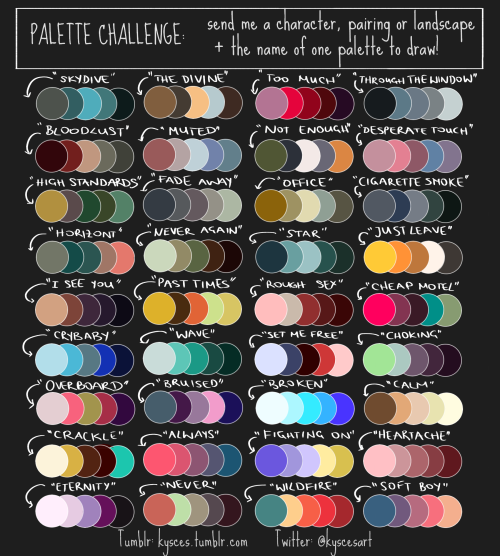 kysces:I finally made my own palette challenge!Send me, or the artist who reblogs this, a character,