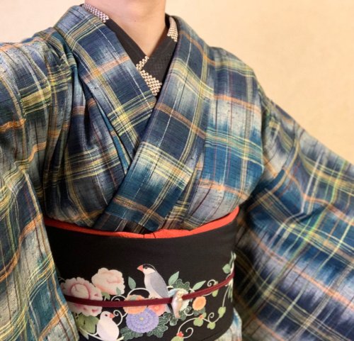 Comforting kimono outfit, featuring a lovely yuzen hanhaba obi by @javasparrow9.The obi is tied to f