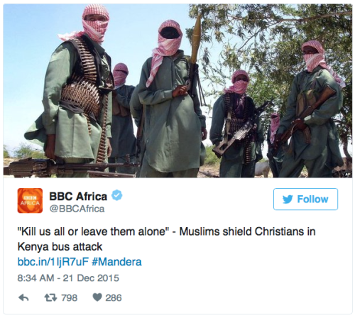 tarmahartley:  cassywinchestertheangel:  pixiesstolemyapples:  micdotcom:  Muslims protect Christians in Kenya bus attack According to the BBC, gunmen ambushed a bus in Kenya, attempting to divide those on board based on religion. However, the Muslim