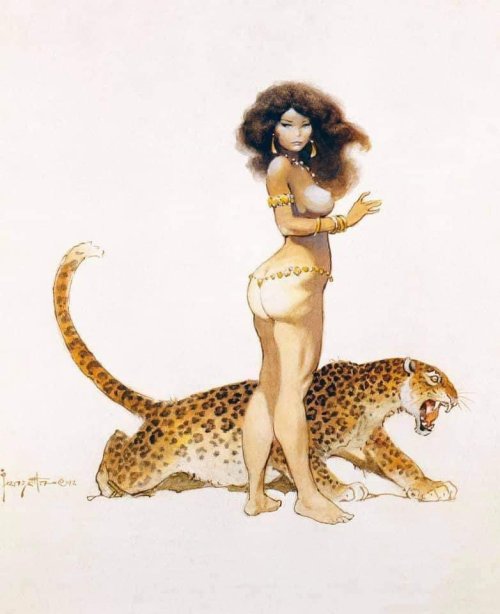 Frank Frazetta, Familiars / Girl with Leopard, 1992. Cover illustration for The Frazetta Pillow Book