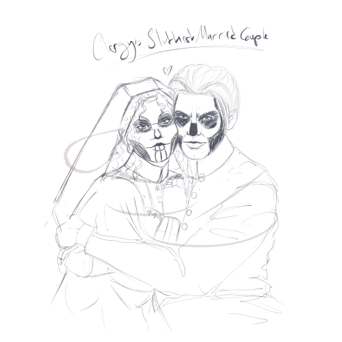 A portrait of Sibling Nephtys and Papa Emeritus III in each other's embrace. Their eyes look at the camera. They are pressed tightly together.