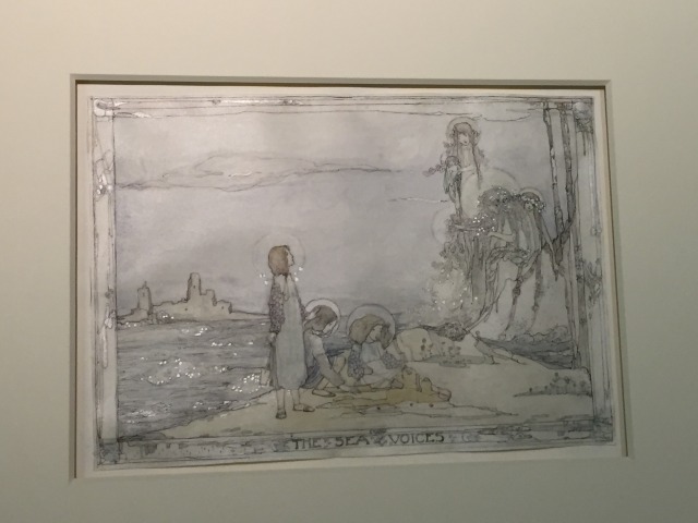 photo of the original drawing by Jessie M King called The Sea Voices. Four girls on the beach drawn light and loose with soft muted shades of grey and sea green