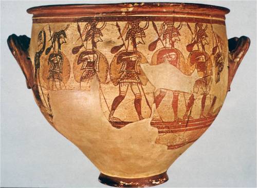 Warrior Vase, Mycenae, Greece. 1200 BCE, Mycenaean.  referred to as a krater; two handles on the sid