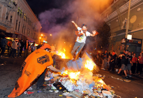postracialcomments:   San Francisco upheld two baseball traditions Wednesday night: Winning the World Series in even-numbered years, and setting the city on fire in celebration. Spread across the city, but overwhelmingly present in the Mission District,