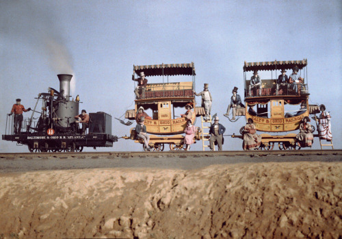 A locomotive and two coaches of the &ldquo;Atlantic&rdquo; in railroad exhibit near Baltimor