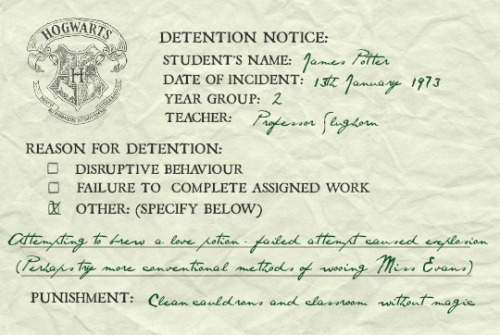 pottinglilies:Marauder’s Era Detention Slips: ( 1 / ∞ ) @fawn-eyed-girl though