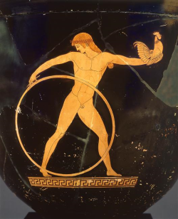 lyondc: ganymedesrocks: Ganymedes, running while rolling a hoop and holding a rooster. cock-a-hoop….”extremely and obviously pleased about a triumph or success.”  