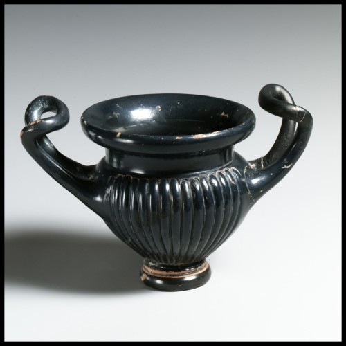 ancientpeoples:  Terracotta KantharosGreek4th century B.C.Although black-glazed wares often represent cheaper versions of metal vases, the precise execution and beautiful black gloss make them attractive objects in their own right. Source: Metropolitan