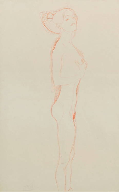 Naked Girl Standing, with Right Hand to Breastby Gustav Klimtdrawing, 1906